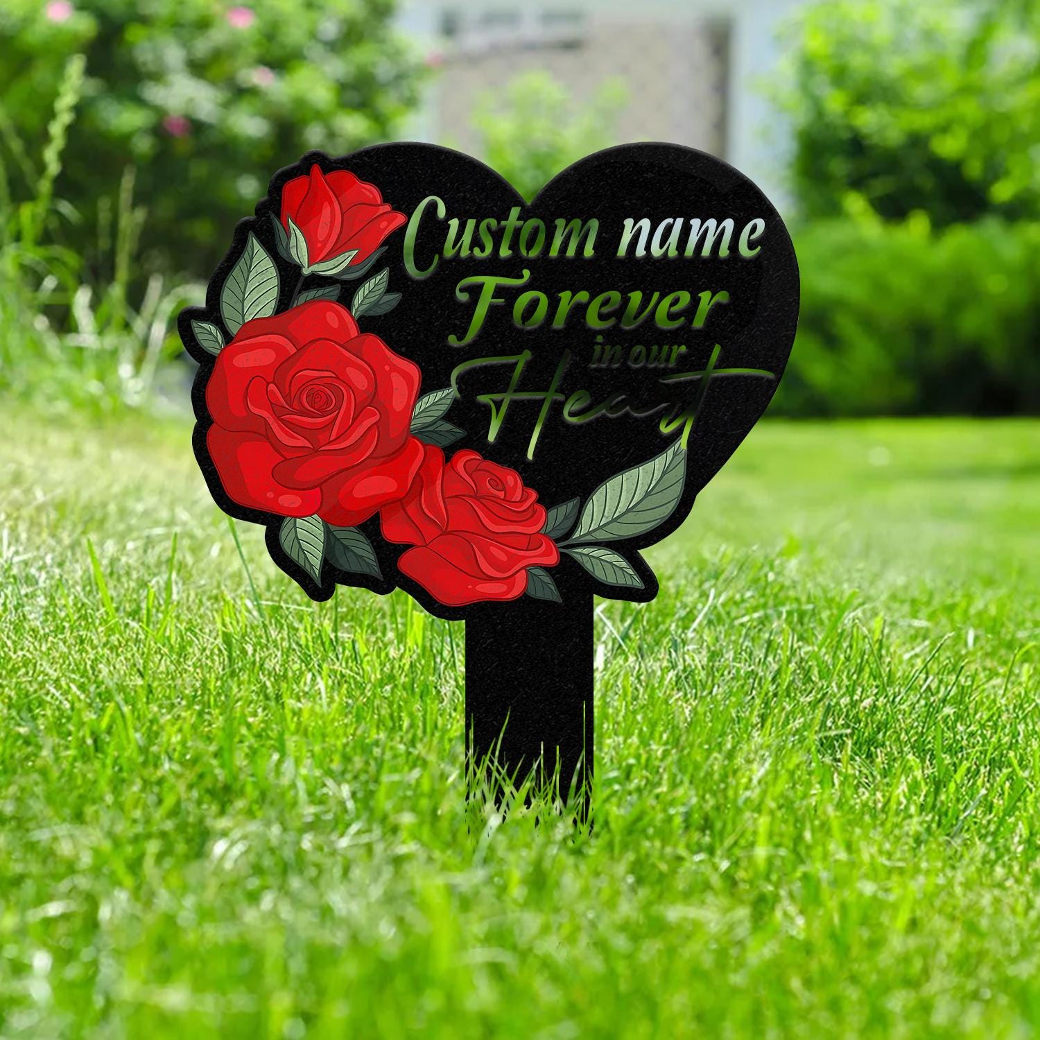 Personalized Memorial Stake Metal, Roses Memorial Stake, Forever in our Heart Memorial, Remembrance Stake, Sympathy Gift, Grave Marker
