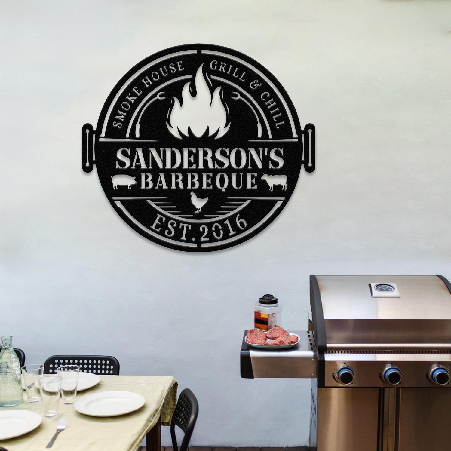 Personalized Metal Barbecue Wall Sign with Led Light, Custom Grill Sign, Barbecue Sign for Outdoor, Large BBQ Sign, Barbecue Wall Art Decor