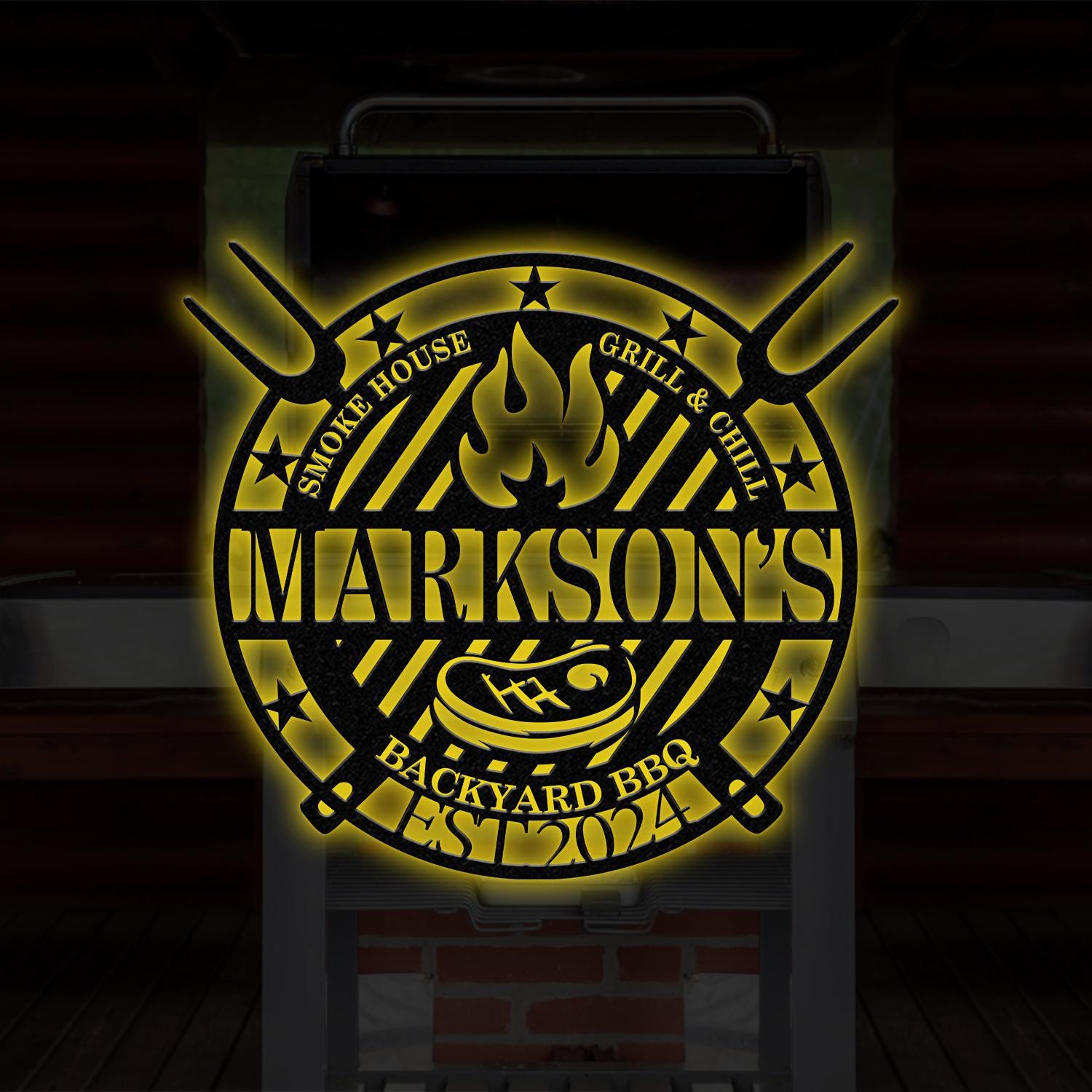 Personalized Metal Barbecue Wall Sign with Led Light, Custom Grill Sign, Barbecue Sign for Outdoor, Large BBQ Sign, Barbecue Wall Art Decor