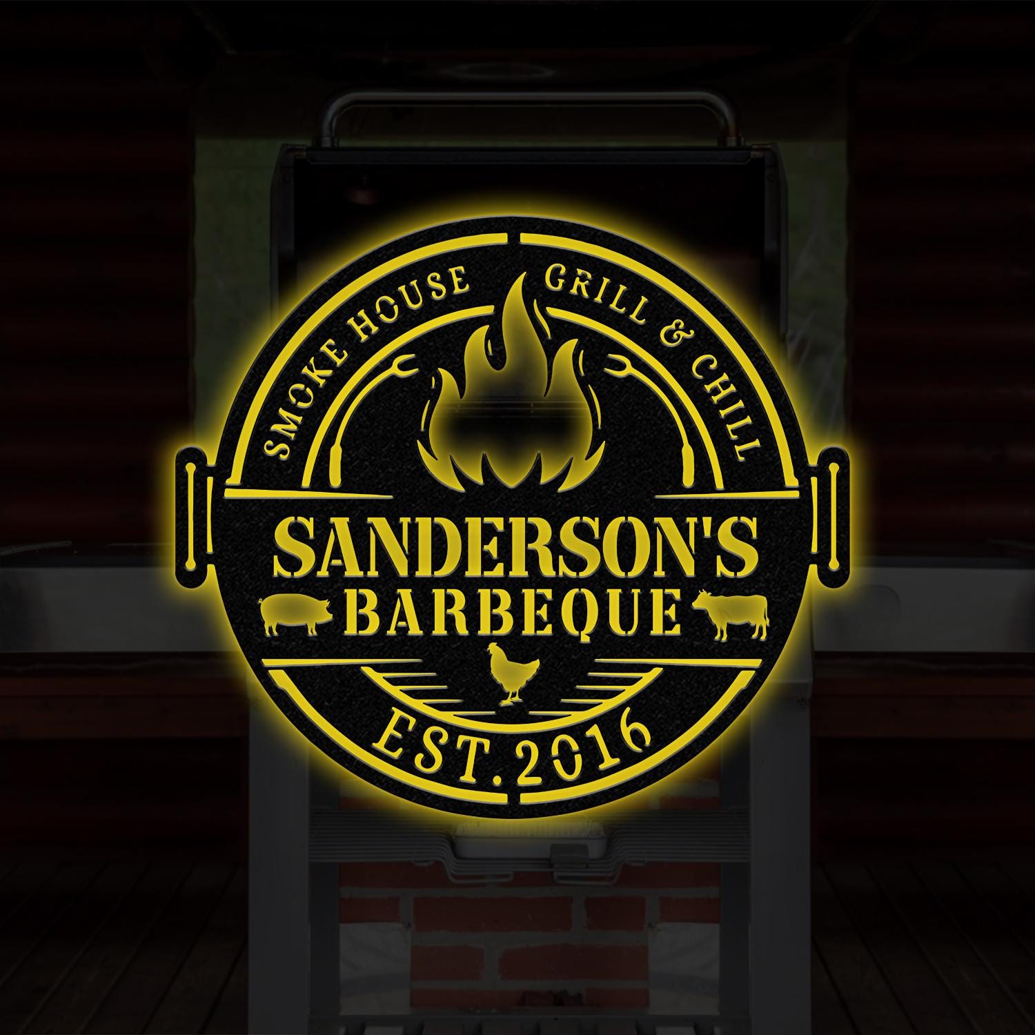 Personalized Metal Barbecue Wall Sign with Led Light, Custom Grill Sign, Barbecue Sign for Outdoor, Large BBQ Sign, Barbecue Wall Art Decor