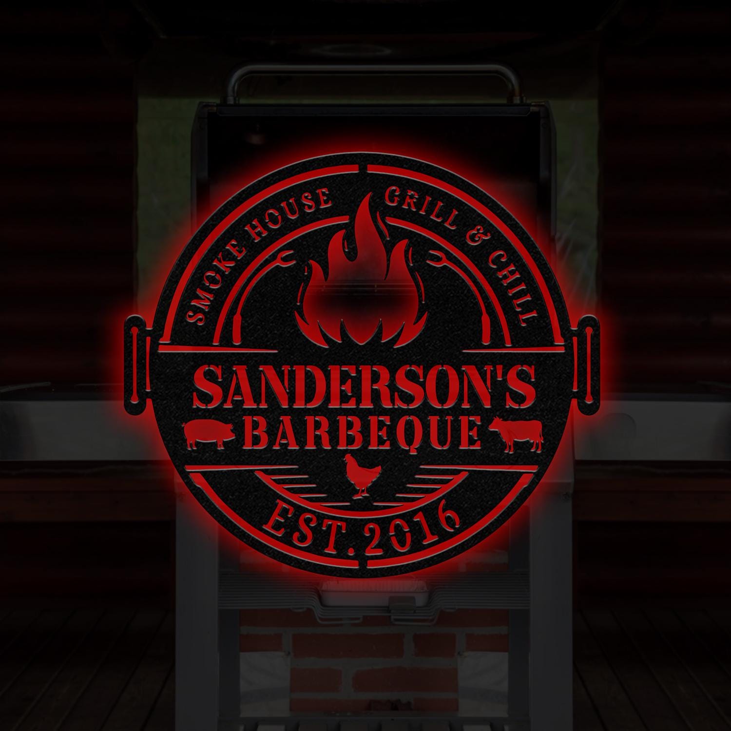 Personalized Metal Barbecue Wall Sign with Led Light, Custom Grill Sign, Barbecue Sign for Outdoor, Large BBQ Sign, Barbecue Wall Art Decor