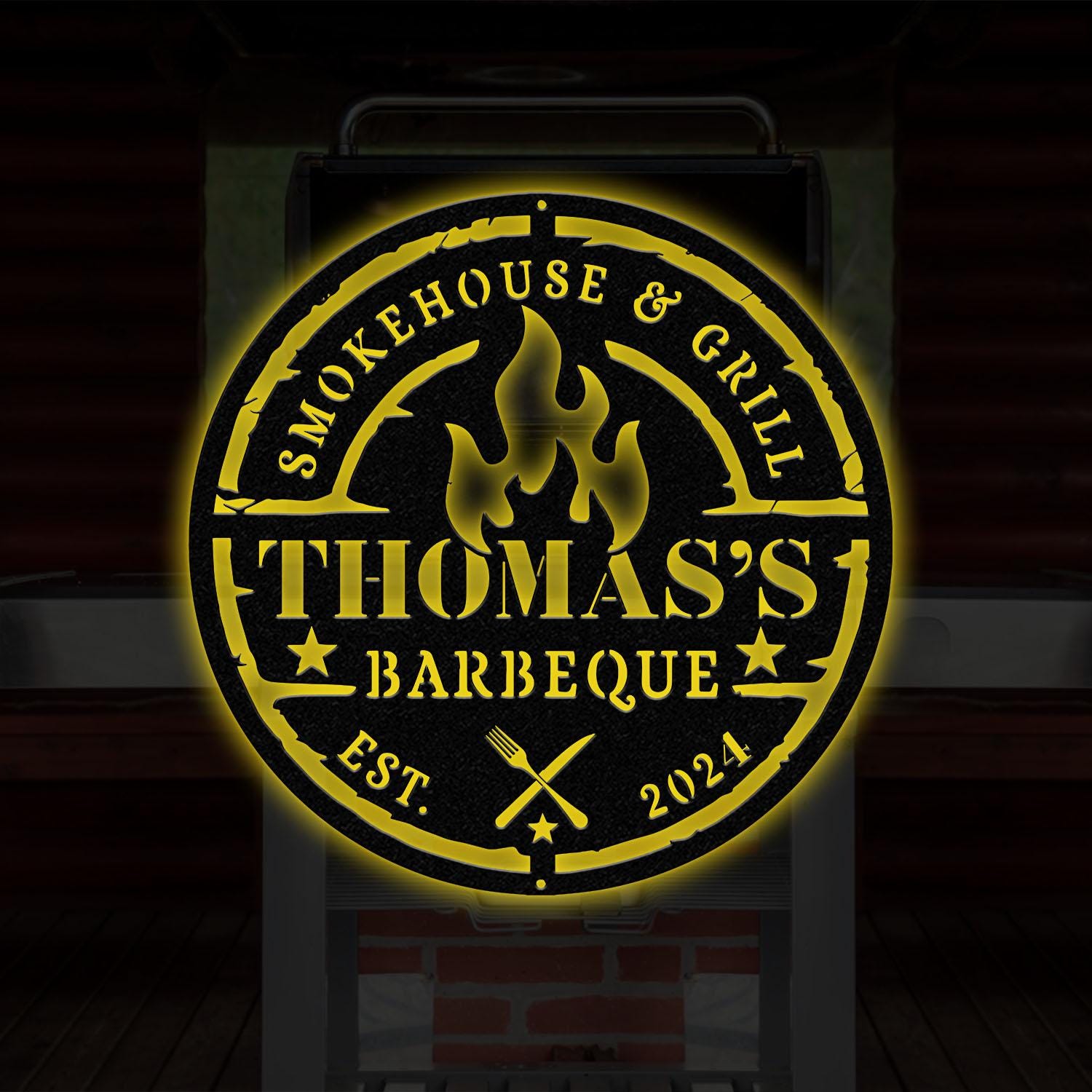 Personalized Metal Barbecue Wall Sign with Led Light, Custom Grill Sign, Barbecue Sign for Outdoor, Large BBQ Sign, Barbecue Wall Art Decor