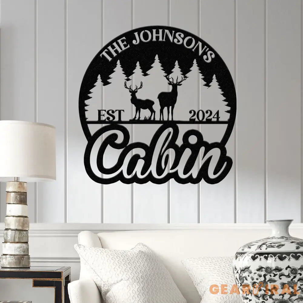 Personalized Metal Cabin Sign – Custom Deer and Forest Design – Outdoor Lodge and Cabin Decor with Family Name and