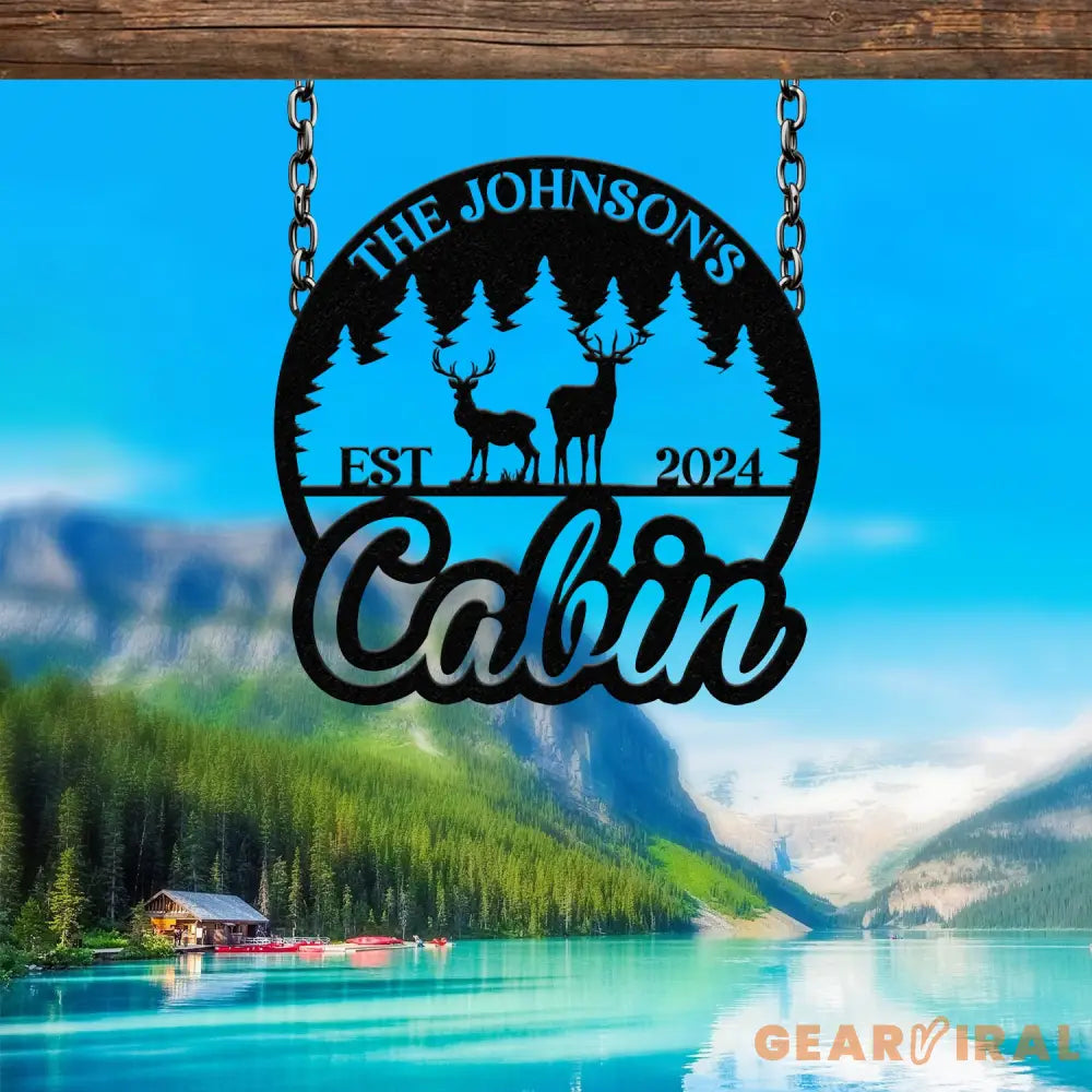 Personalized Metal Cabin Sign – Custom Deer and Forest Design – Outdoor Lodge and Cabin Decor with Family Name and