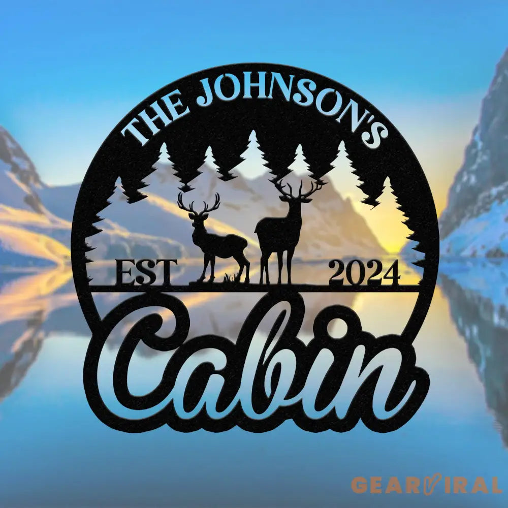 Personalized Metal Cabin Sign – Custom Deer and Forest Design – Outdoor Lodge and Cabin Decor with Family Name and