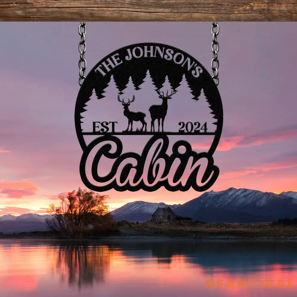 Personalized Metal Cabin Sign – Custom Deer and Forest Design – Outdoor Lodge and Cabin Decor with Family Name and