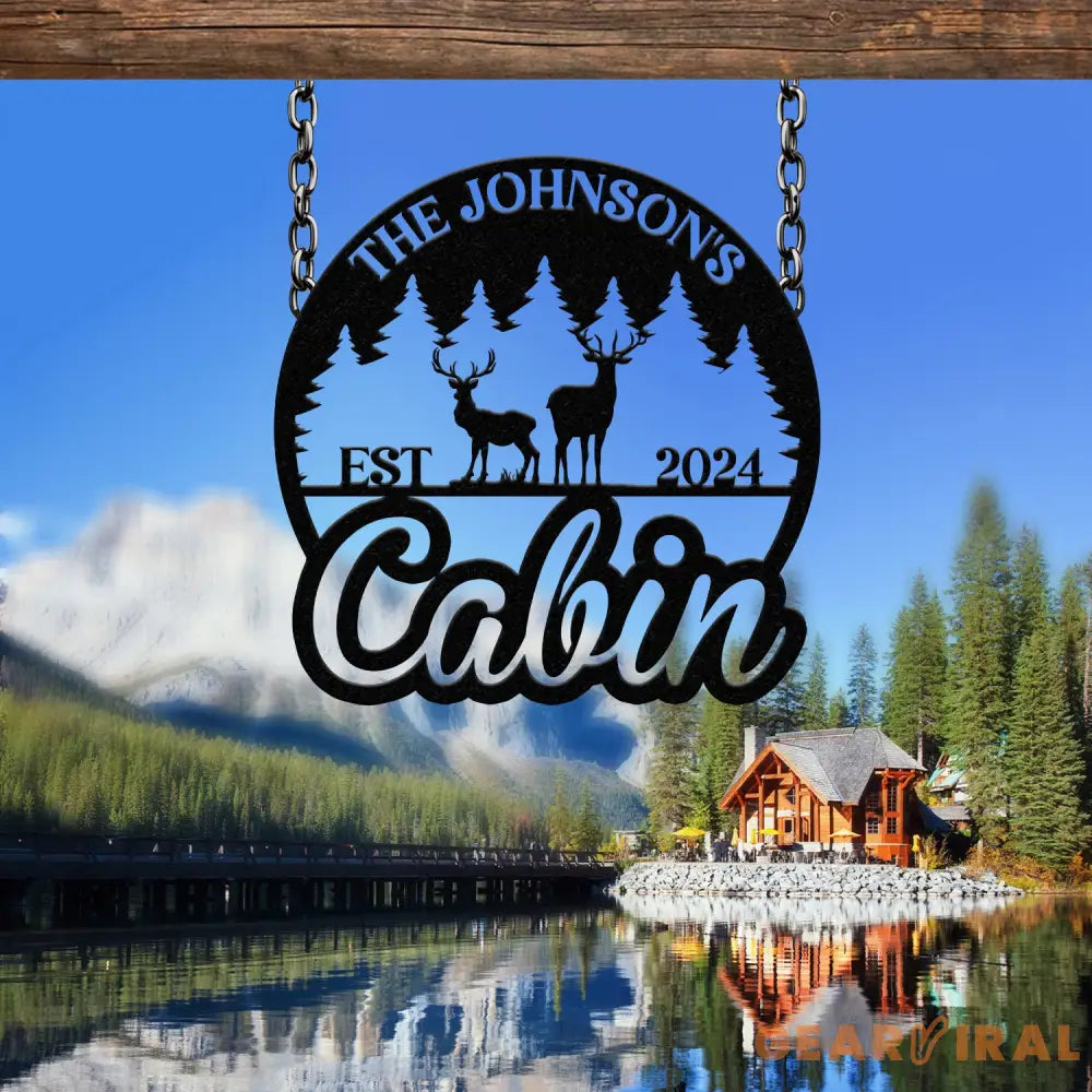 Personalized Metal Cabin Sign – Custom Deer and Forest Design – Outdoor Lodge and Cabin Decor with Family Name and