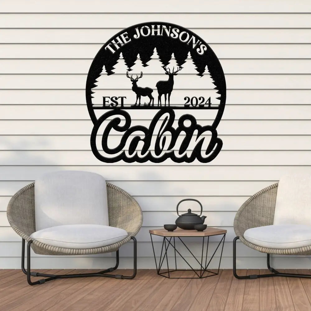Personalized Metal Cabin Sign – Custom Deer and Forest Design – Outdoor Lodge and Cabin Decor with Family Name and