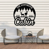 Personalized Metal Cabin Sign – Custom Deer and Forest Design – Outdoor Lodge and Cabin Decor with Family Name and