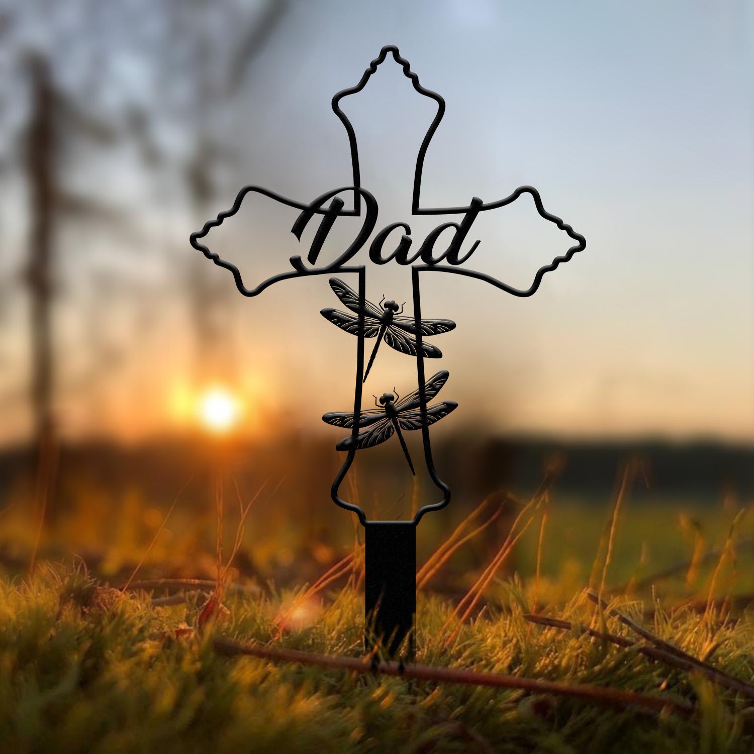 Personalized Metal Cross Memorial Stake, Dragonfly Memorial Stake, Memory Cross Sign Gift, Remembrance Stake, Sympathy Gift, Grave Marker