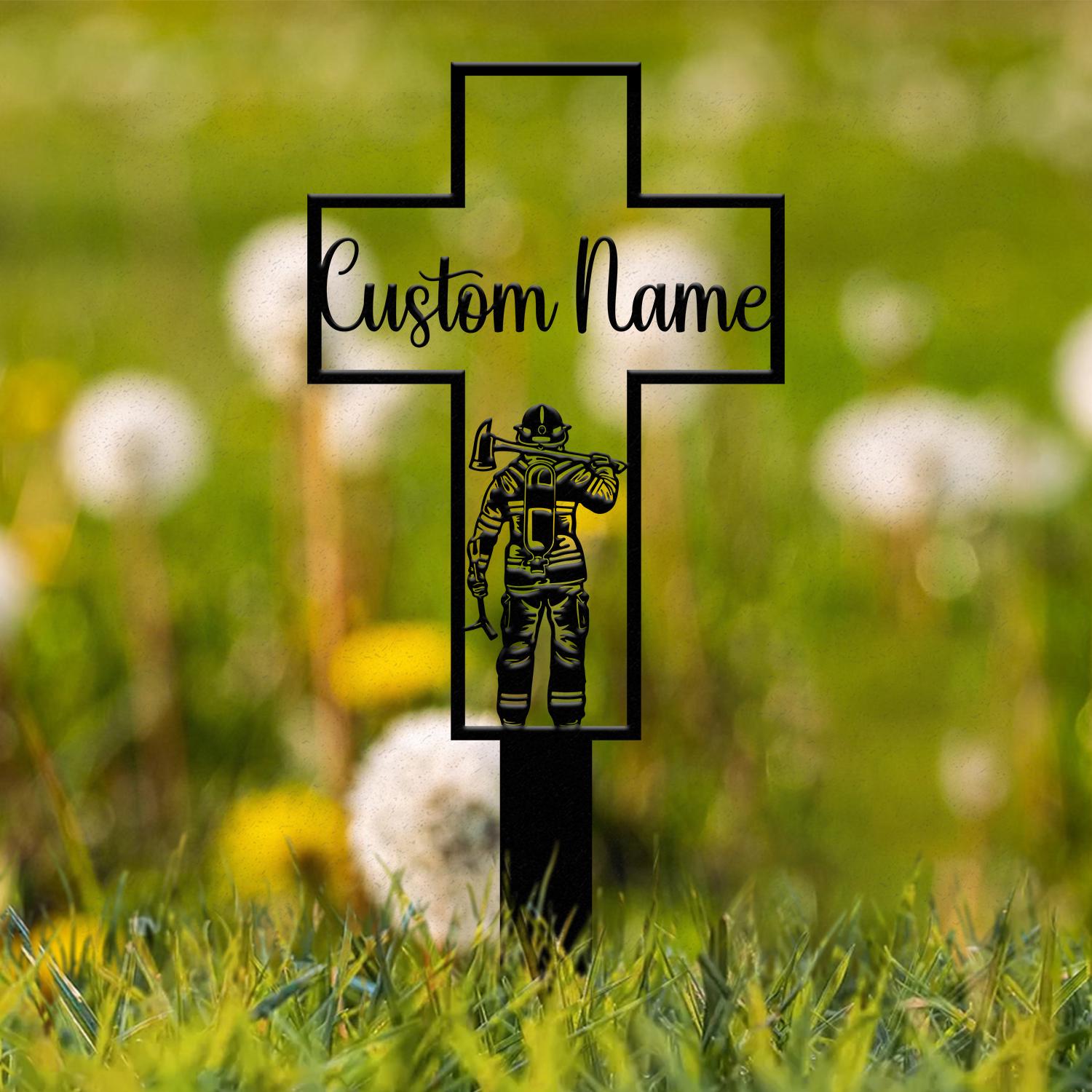 Personalized Metal Cross Memorial Stake, Firefighter Memorial Stake, Memory Cross Sign Gift, Remembrance Stake, Sympathy Gift, Grave Marker