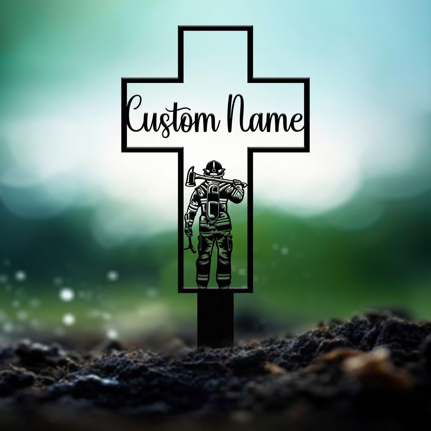 Personalized Metal Cross Memorial Stake, Firefighter Memorial Stake, Memory Cross Sign Gift, Remembrance Stake, Sympathy Gift, Grave Marker