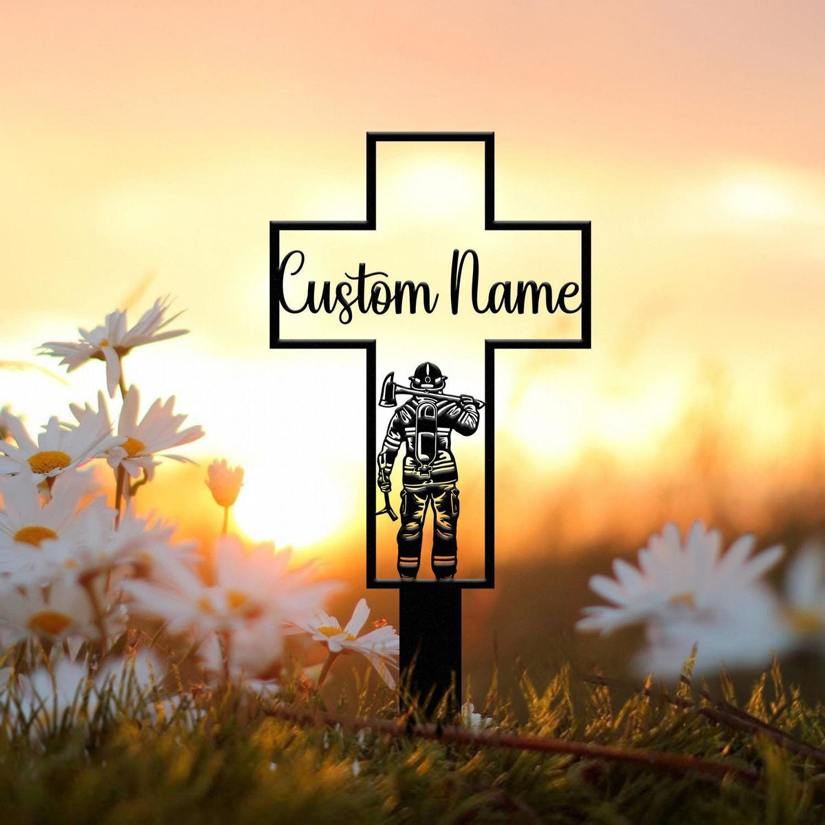 Personalized Metal Cross Memorial Stake, Firefighter Memorial Stake, Memory Cross Sign Gift, Remembrance Stake, Sympathy Gift, Grave Marker