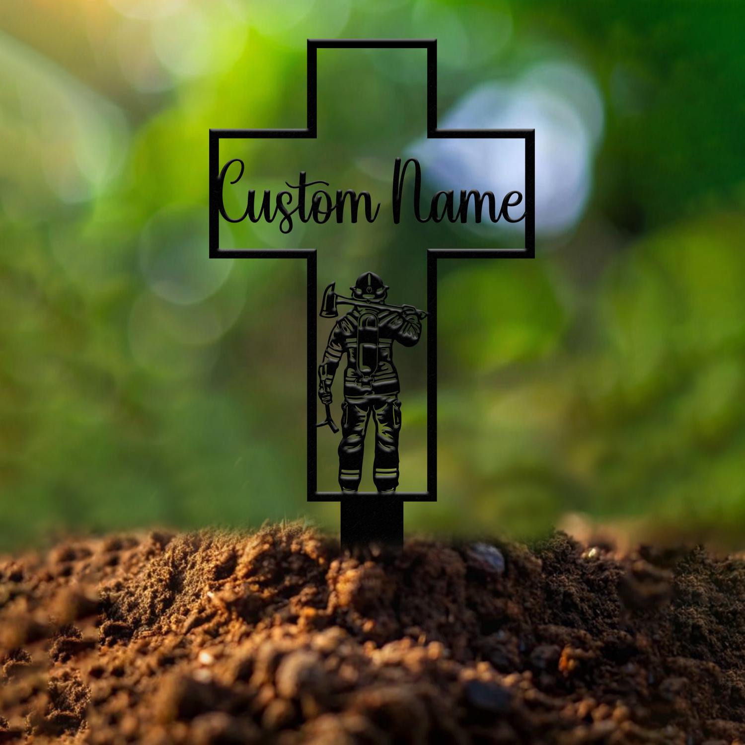 Personalized Metal Cross Memorial Stake, Firefighter Memorial Stake, Memory Cross Sign Gift, Remembrance Stake, Sympathy Gift, Grave Marker