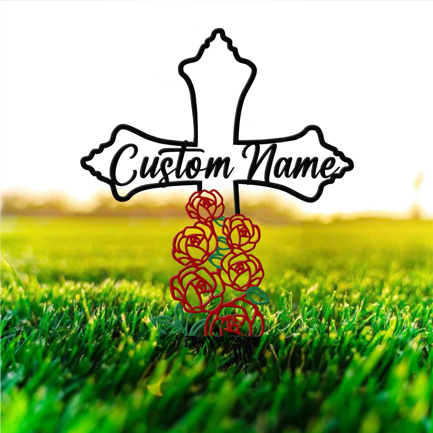 Personalized Metal Cross Memorial Stake, Roses Memorial Stake, Memory Cross Sign Gift, Remembrance Stake, Sympathy Gift, Grave Marker