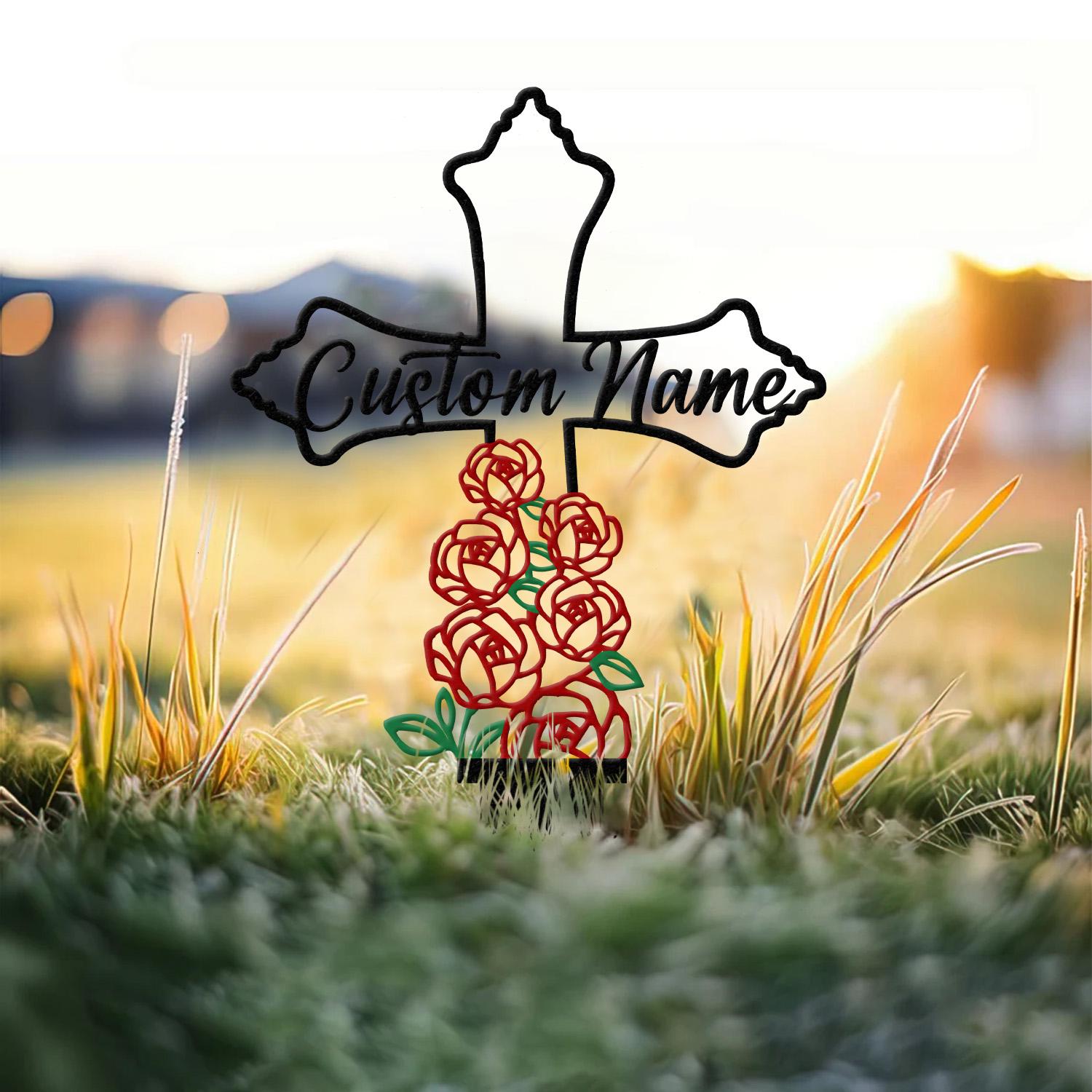Personalized Metal Cross Memorial Stake, Roses Memorial Stake, Memory Cross Sign Gift, Remembrance Stake, Sympathy Gift, Grave Marker