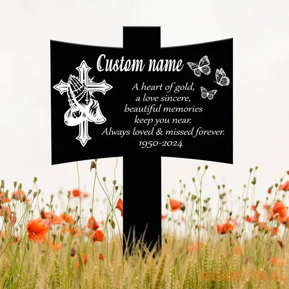 Personalized Metal Cross with Praying Hands Memorial Stake Memorial Garden Decor Custom Grave Marker Remembrance Stake