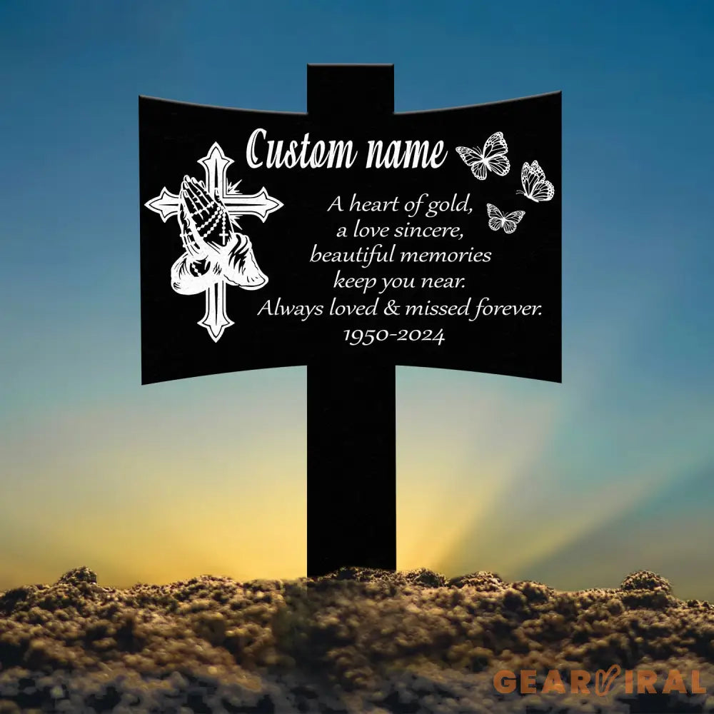 Personalized Metal Cross with Praying Hands Memorial Stake Memorial Garden Decor Custom Grave Marker Remembrance Stake