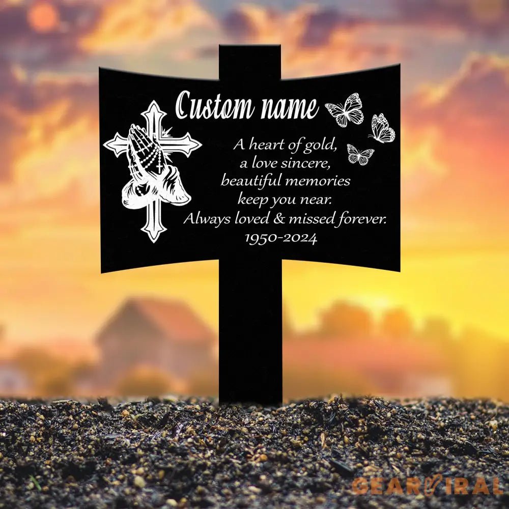 Personalized Metal Cross with Praying Hands Memorial Stake Memorial Garden Decor Custom Grave Marker Remembrance Stake