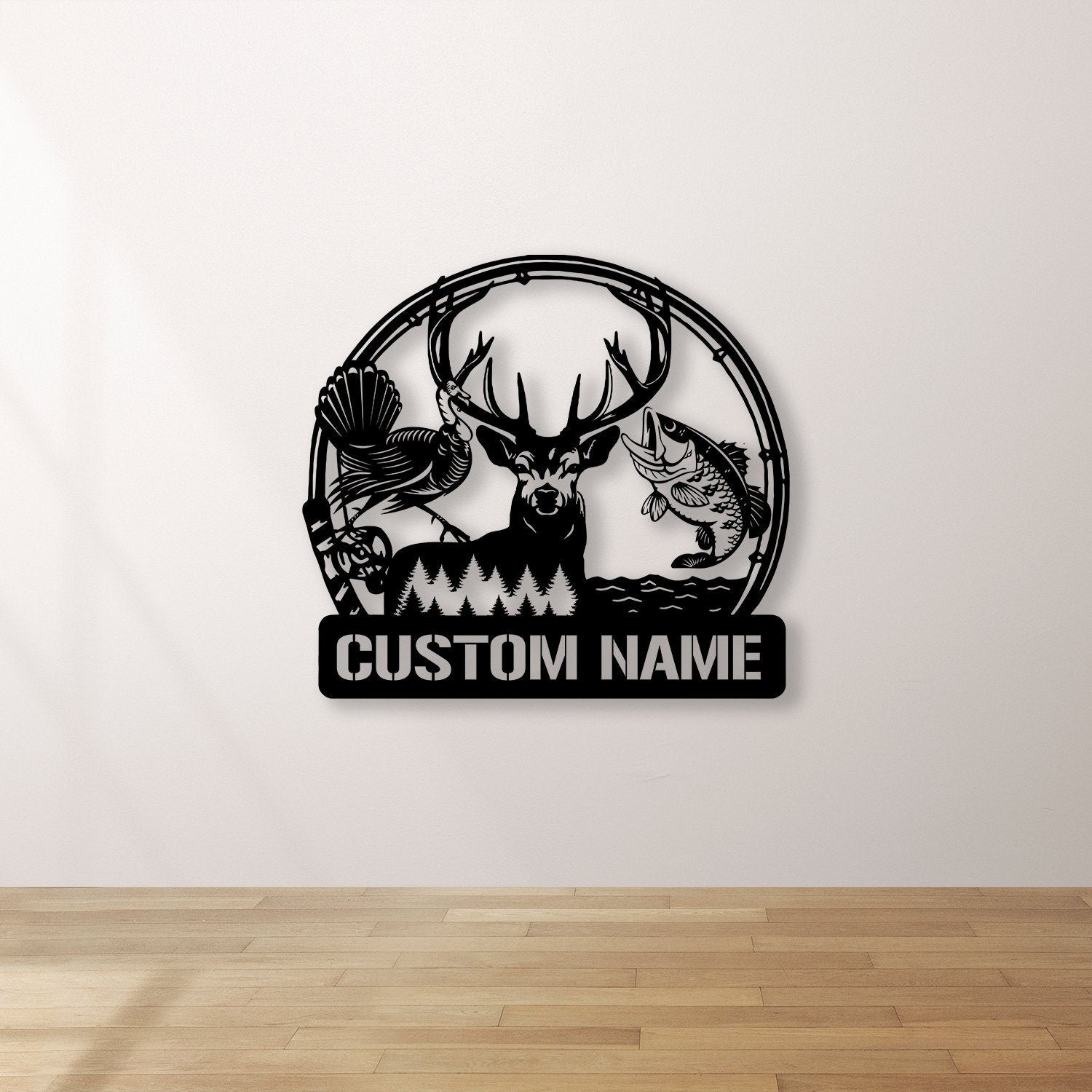 Personalized Metal Monogram Sign, Great Outdoors Hunting Trio, Birthday Gift for Dad Grandpa, Fisherman Gift, Hunter Gift