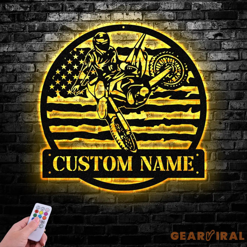Personalized Motocross Biker US Flag Metal Wall Art LED Light Dirt Bike Name Sign Motorcycle Decor Rider Decoration Man