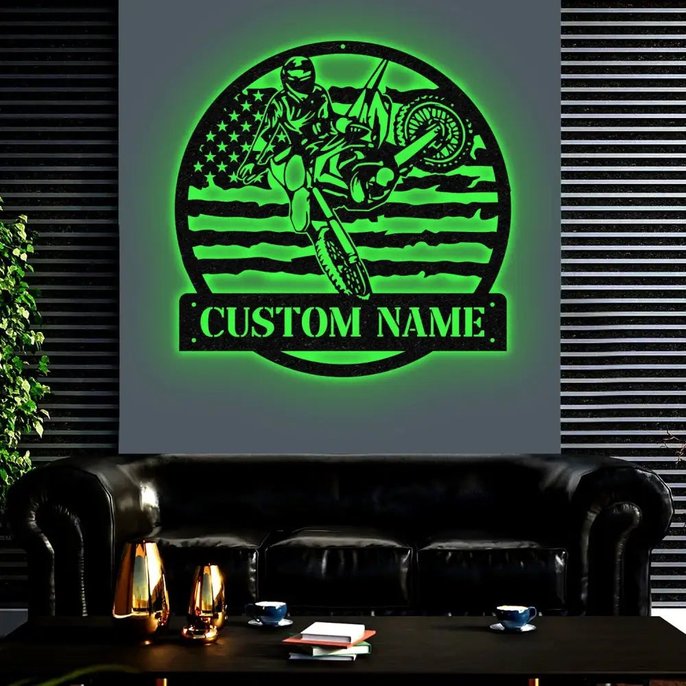 Personalized Motocross Biker US Flag Metal Wall Art LED Light Dirt Bike Name Sign Motorcycle Decor Rider Decoration Man