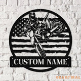 Personalized Motocross Biker US Flag Metal Wall Art LED Light Dirt Bike Name Sign Motorcycle Decor Rider Decoration Man