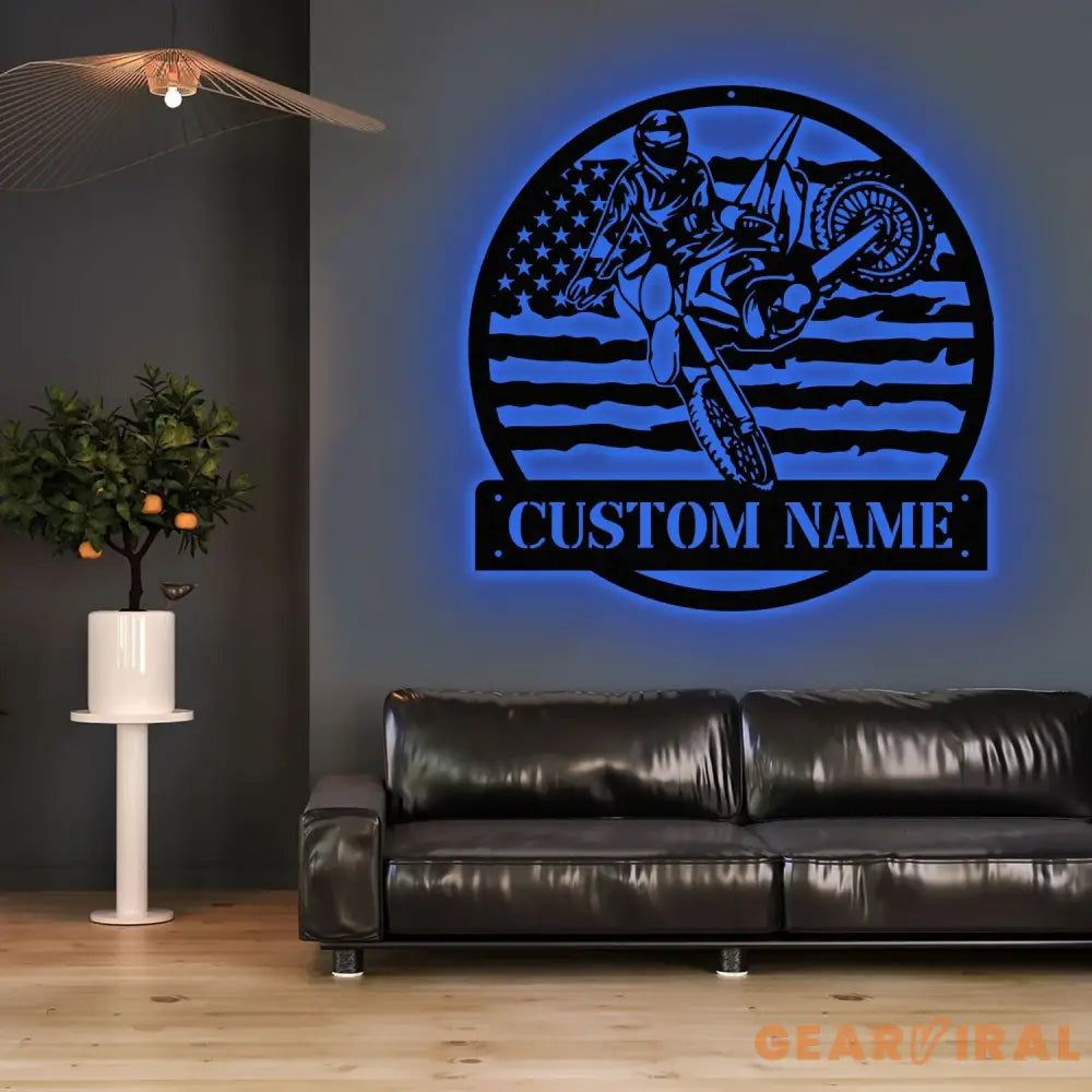 Personalized Motocross Biker US Flag Metal Wall Art LED Light Dirt Bike Name Sign Motorcycle Decor Rider Decoration Man