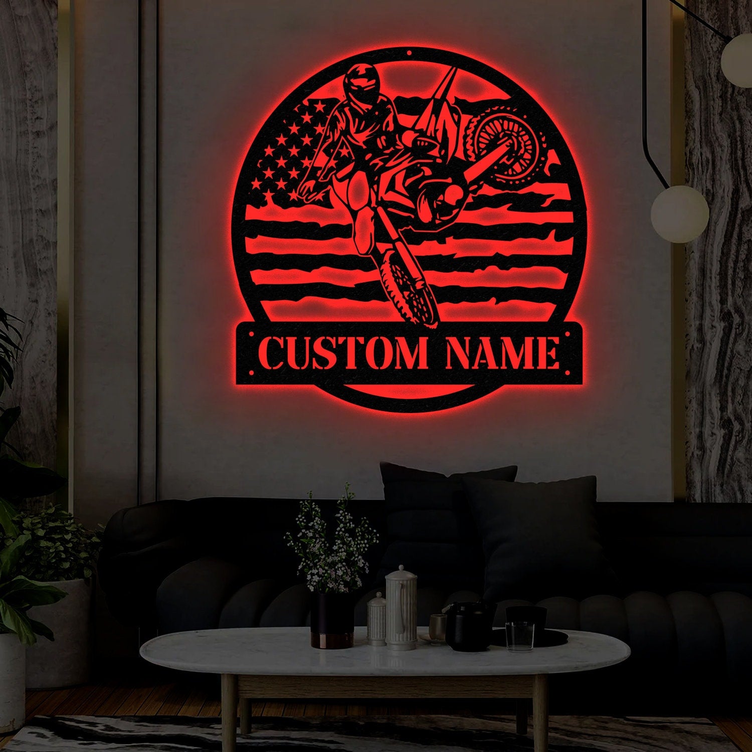 Personalized Motocross Biker US Flag Metal Wall Art LED Light, Dirt Bike Name Sign, Motorcycle Decor Rider Decoration Man Cave, Home Decor