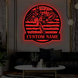 Personalized Motocross Biker US Flag Metal Wall Art LED Light, Dirt Bike Name Sign, Motorcycle Decor Rider Decoration Man Cave, Home Decor