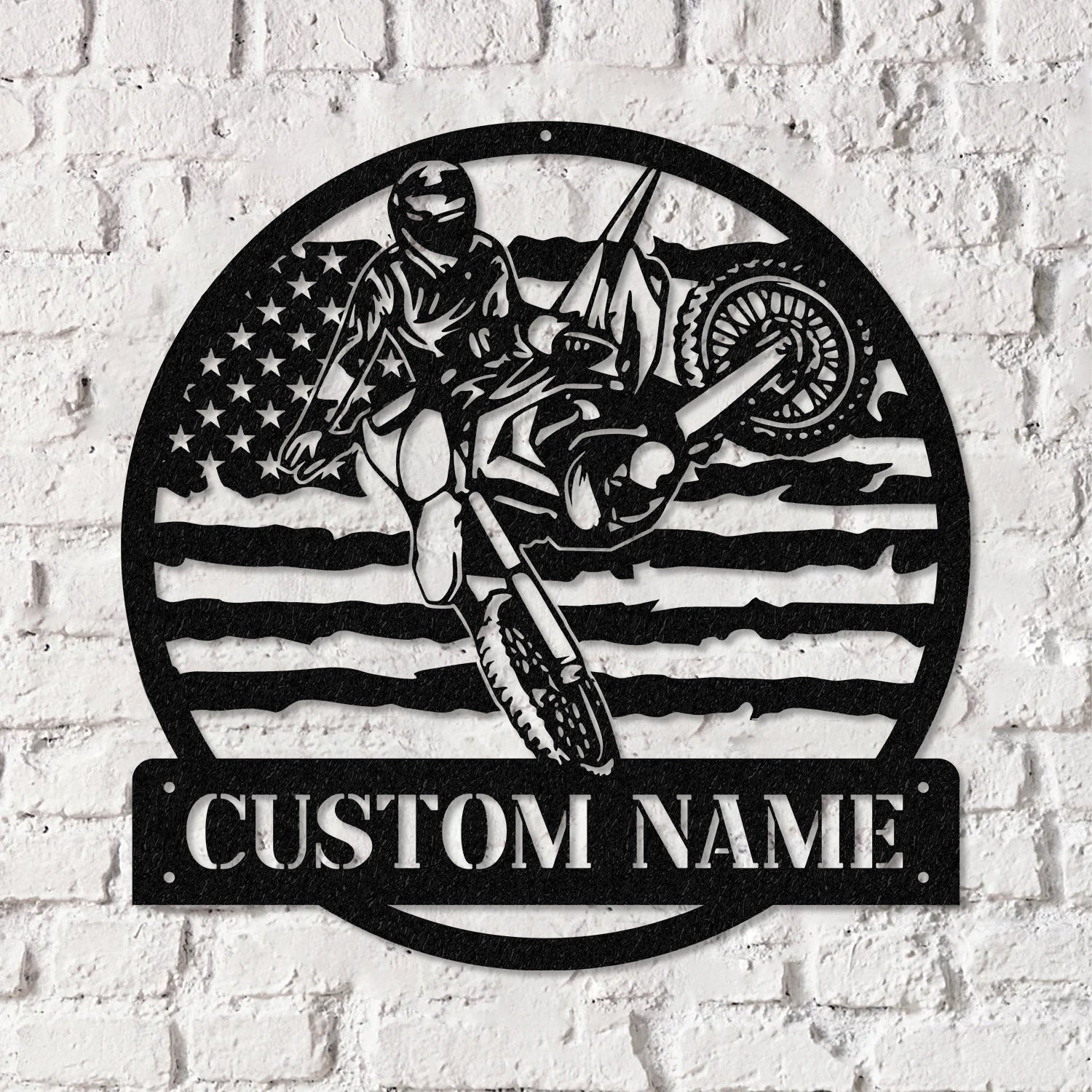 Personalized Motocross Biker US Flag Metal Wall Art LED Light, Dirt Bike Name Sign, Motorcycle Decor Rider Decoration Man Cave, Home Decor