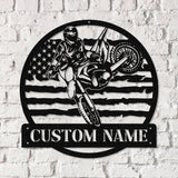 Personalized Motocross Biker US Flag Metal Wall Art LED Light, Dirt Bike Name Sign, Motorcycle Decor Rider Decoration Man Cave, Home Decor
