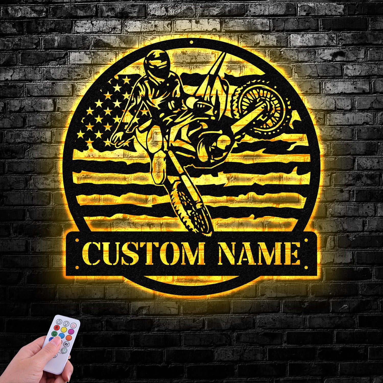 Personalized Motocross Biker US Flag Metal Wall Art LED Light, Dirt Bike Name Sign, Motorcycle Decor Rider Decoration Man Cave, Home Decor