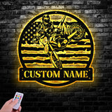 Personalized Motocross Biker US Flag Metal Wall Art LED Light, Dirt Bike Name Sign, Motorcycle Decor Rider Decoration Man Cave, Home Decor
