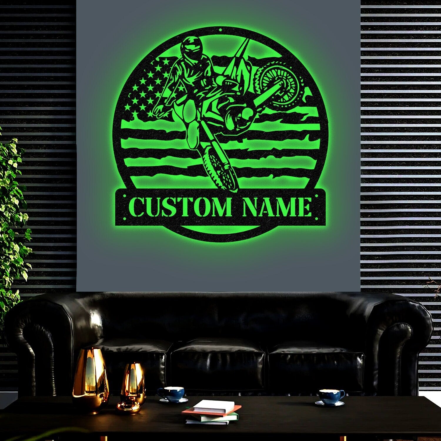 Personalized Motocross Biker US Flag Metal Wall Art LED Light, Dirt Bike Name Sign, Motorcycle Decor Rider Decoration Man Cave, Home Decor