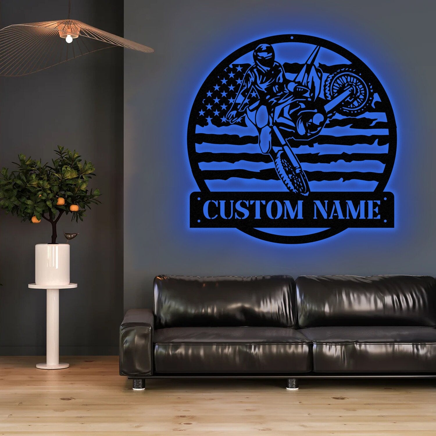 Personalized Motocross Biker US Flag Metal Wall Art LED Light, Dirt Bike Name Sign, Motorcycle Decor Rider Decoration Man Cave, Home Decor