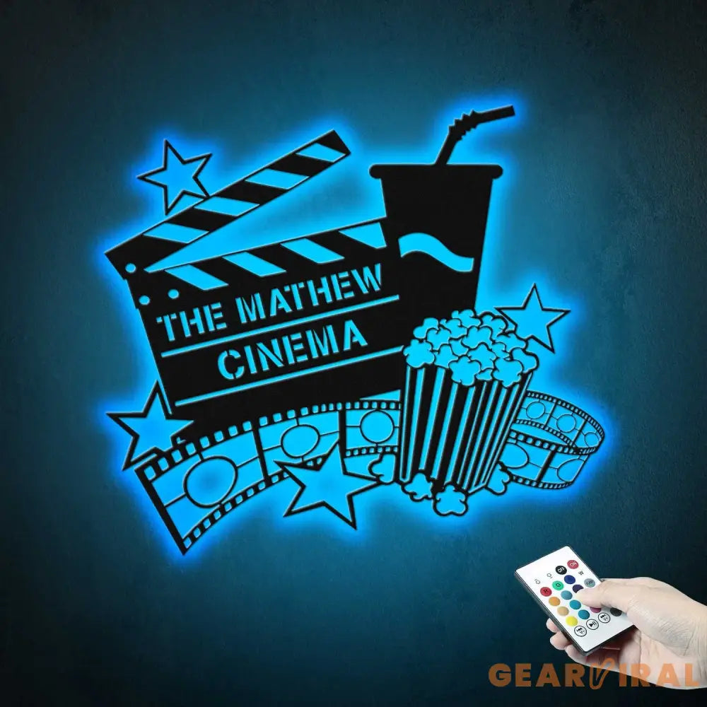 Personalized Movie And Popcorn Metal Wall Art LED Light Custom Family Cinema Home Theater Name Sign Home Decor Man Cave