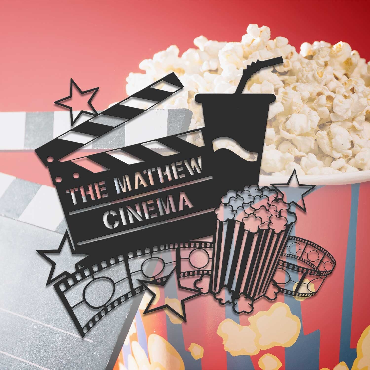 Personalized Movie And Popcorn Metal Wall Art LED Light Custom Family Cinema Home Theater Name Sign Home Decor Man Cave Decoration Birthday | GearViral