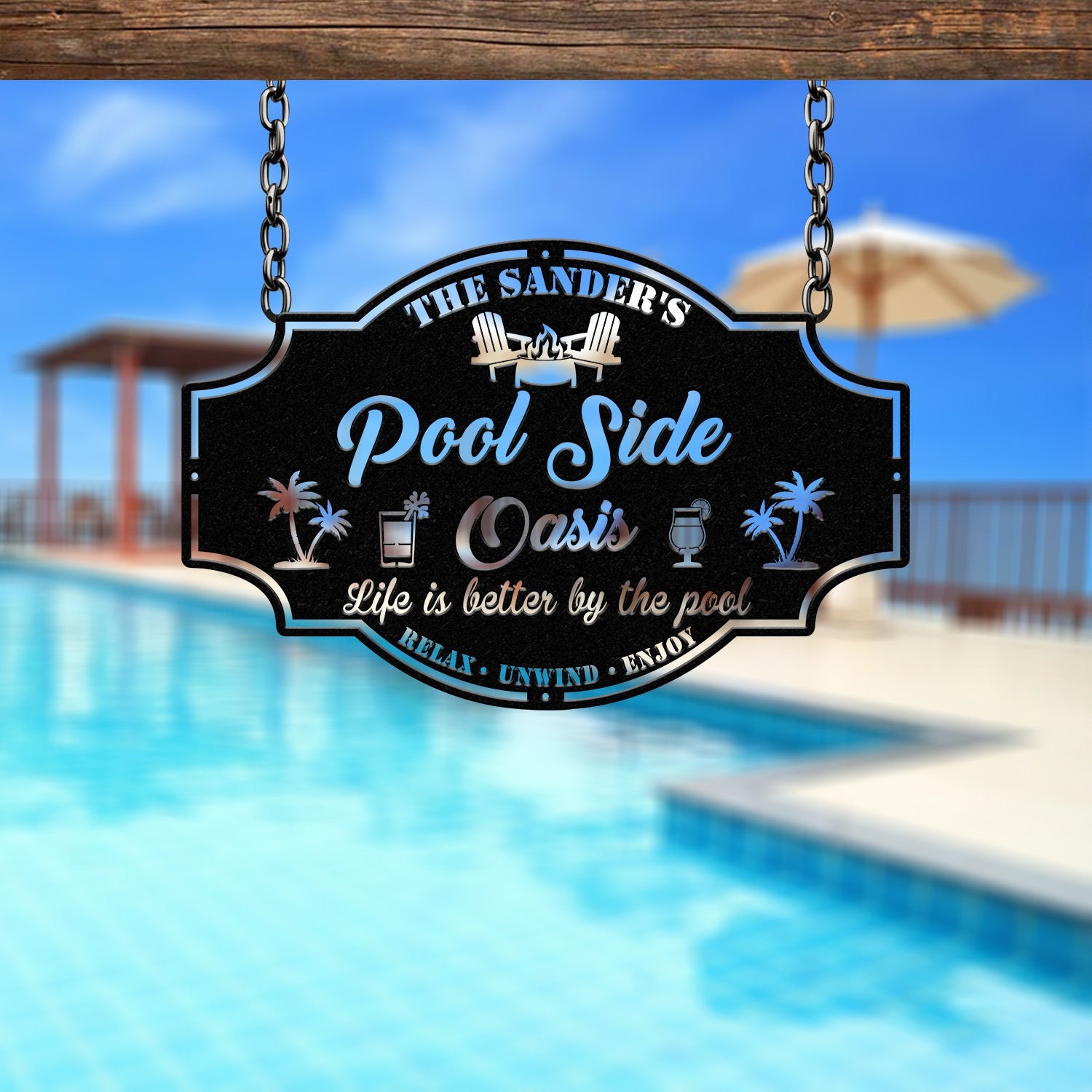 Personalized Poolside Paradise Sign LED Light, Custom Backyard Pool Sign, Family Welcome Sign, Aloha Palm Tree Decor, Beach House Decor