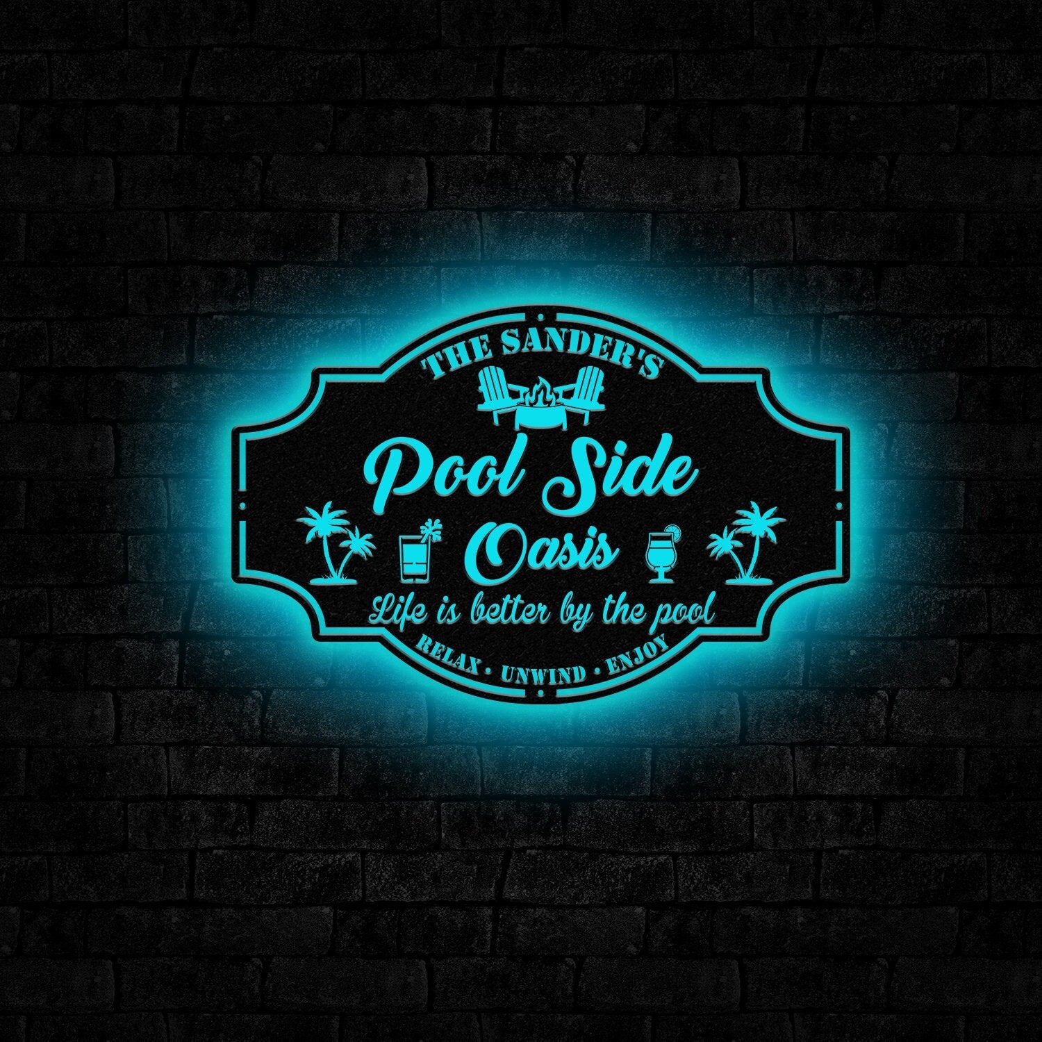 Personalized Poolside Paradise Sign LED Light, Custom Backyard Pool Sign, Family Welcome Sign, Aloha Palm Tree Decor, Beach House Decor