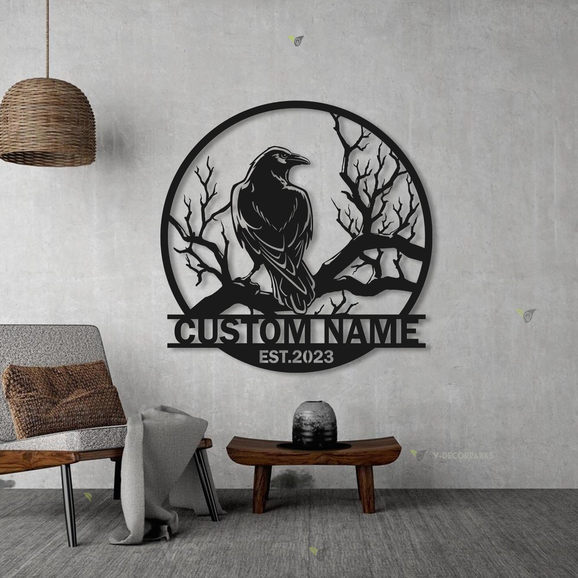Personalized Raven Metal Wall Art with LED Light - Custom Crow Moon Name Sign Home Decor - Raven Sign - Crow sign | GearViral