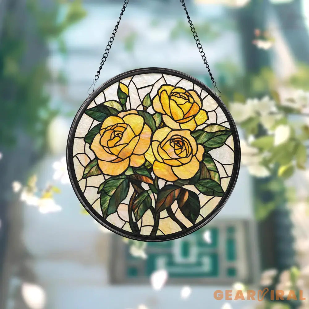 Personalized Rose Flower Glass Suncatcher for Window Floral Stained Glass Ornament Romantic Gift for Mom or Grandma
