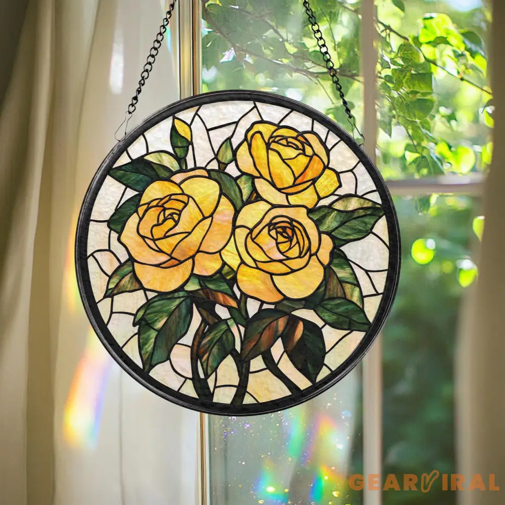 Personalized Rose Flower Glass Suncatcher for Window Floral Stained Glass Ornament Romantic Gift for Mom or Grandma