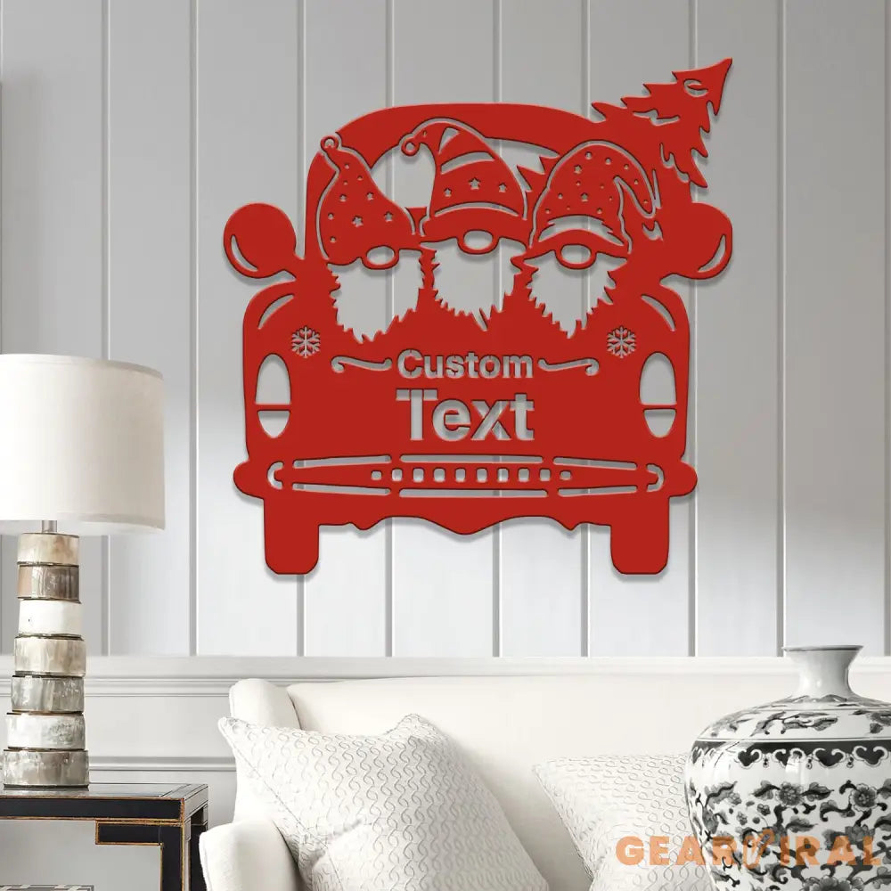 Personalized Santa Car Metal Sign – Custom Christmas Decor – Festive Holiday Sign with Gnomes and Tree for Indoor or