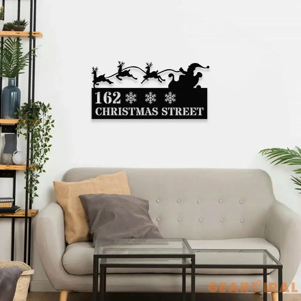 Personalized Santa Flying with Reindeer Address - Metal Address Sign | Hanging Address Number Sign - Address Metal Sign
