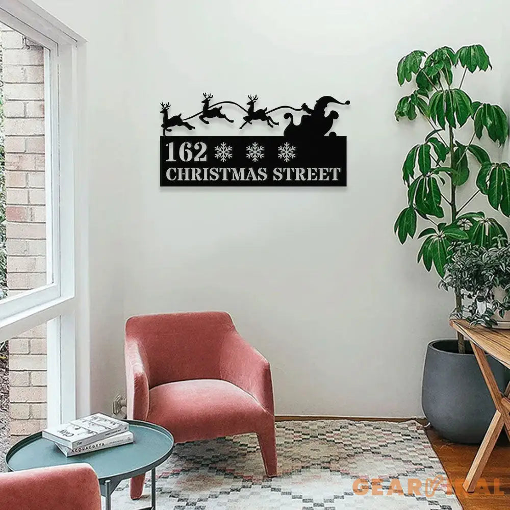 Personalized Santa Flying with Reindeer Address - Metal Address Sign | Hanging Address Number Sign - Address Metal Sign