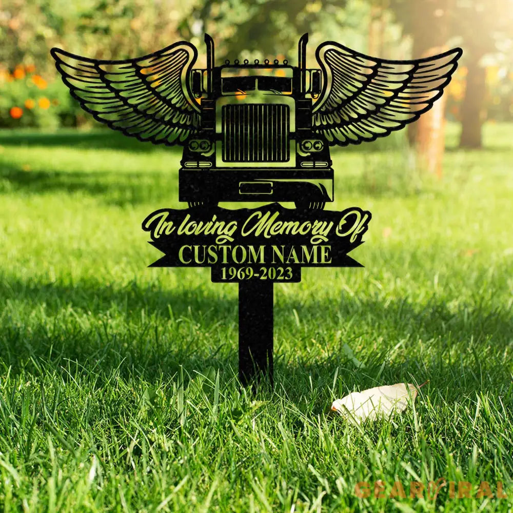 Personalized Semi Truck Trucker Truck Driver Angel Wings Memorial Stake Metal Stake Sympathy Sign Grave Marker