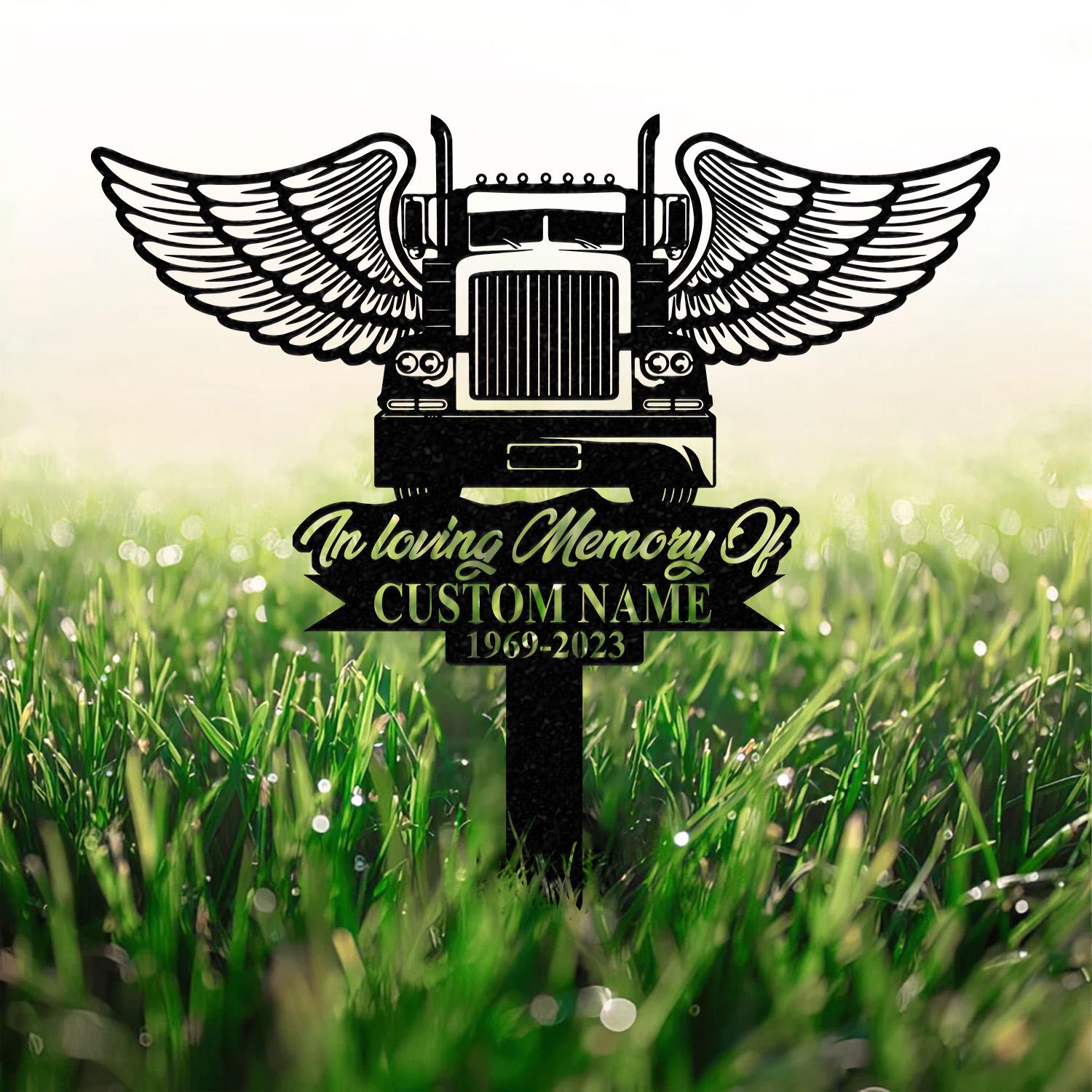 Personalized Semi Truck Trucker Truck Driver Angel Wings Memorial Stake, Metal Stake, Sympathy Sign, Grave Marker, Remembrance Stake