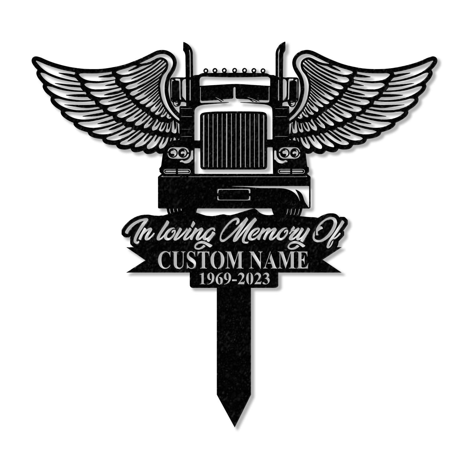Personalized Semi Truck Trucker Truck Driver Angel Wings Memorial Stake, Metal Stake, Sympathy Sign, Grave Marker, Remembrance Stake