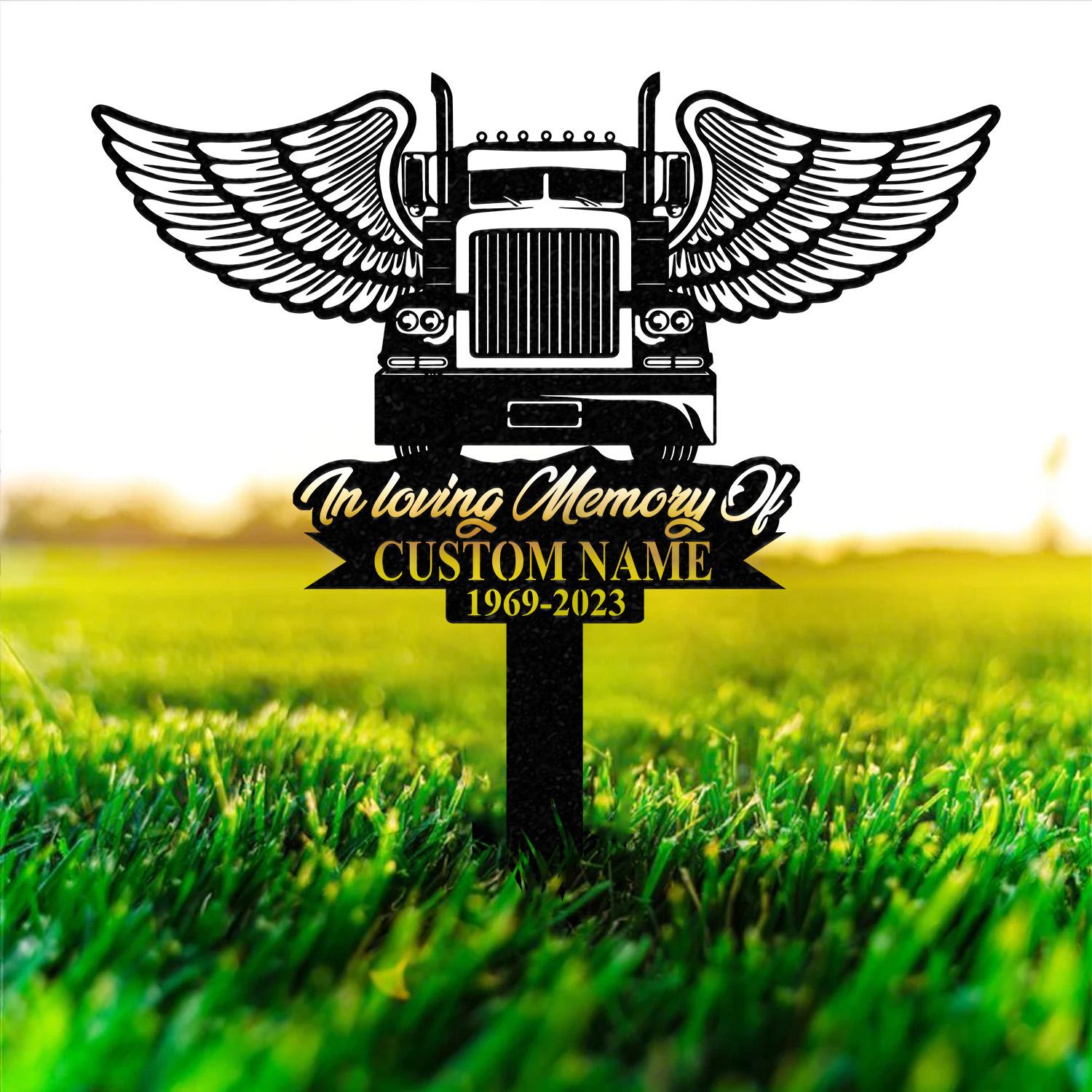 Personalized Semi Truck Trucker Truck Driver Angel Wings Memorial Stake, Metal Stake, Sympathy Sign, Grave Marker, Remembrance Stake